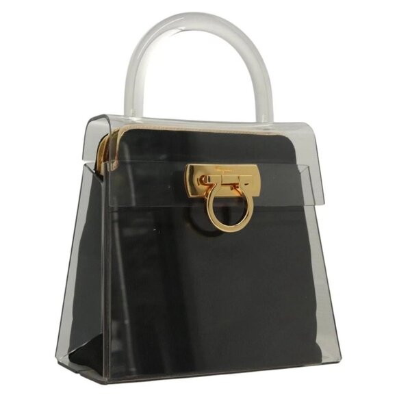 Salvatore Ferragamo Gancini Hand Bag plastic Clear Gold Auth 116442